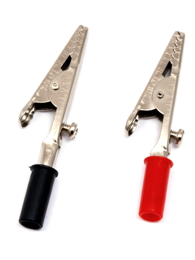 Krokodýlový klip s červenou a černou banánovou zásuvkou. Sada obsahuje 2 černé a červené krokodílkové spony