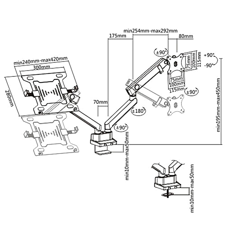 Maclean, Dvojitý stolní držák, Pro monitor a notebook, Vesa 75x75 100x100, 17"-32", 2x8kg, MC-813