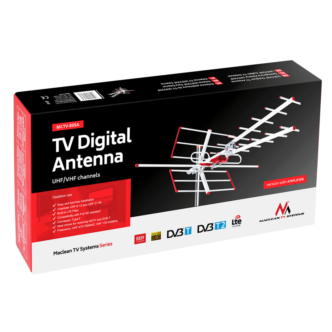 Venkovní televizní anténa DVB-T/T2 H.265 HEVC Combo UHF VHF aktivní max. 100dBµV Maclean MCTV-855 Lte filtr