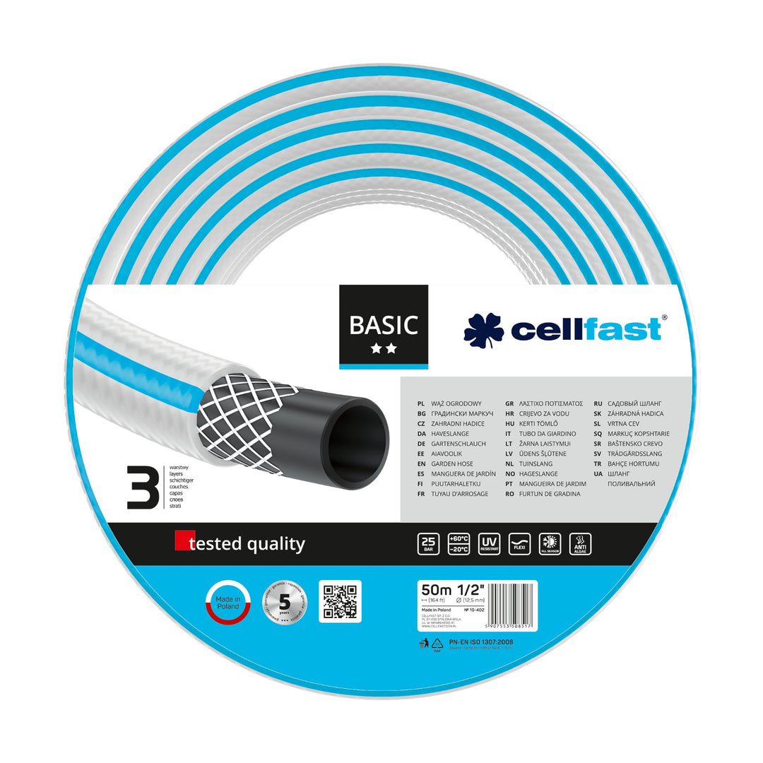 Odolná třívrstvá zahradní hadice Cellfast Basic 1/2" 50 m