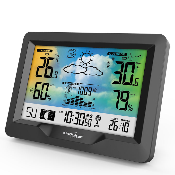 Bezdrátová barevná meteorologická stanice se systémem DCB GreenBlue GB540, fáze měsíce, barometr, kalendář