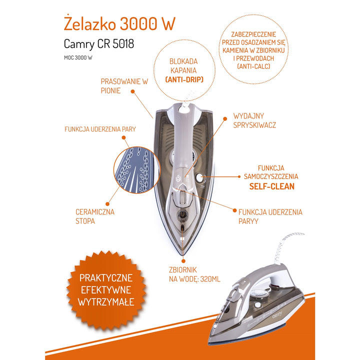 Camry CR 5018 Napařovací žehlička 3000W ANTICALC ANTIDRIP