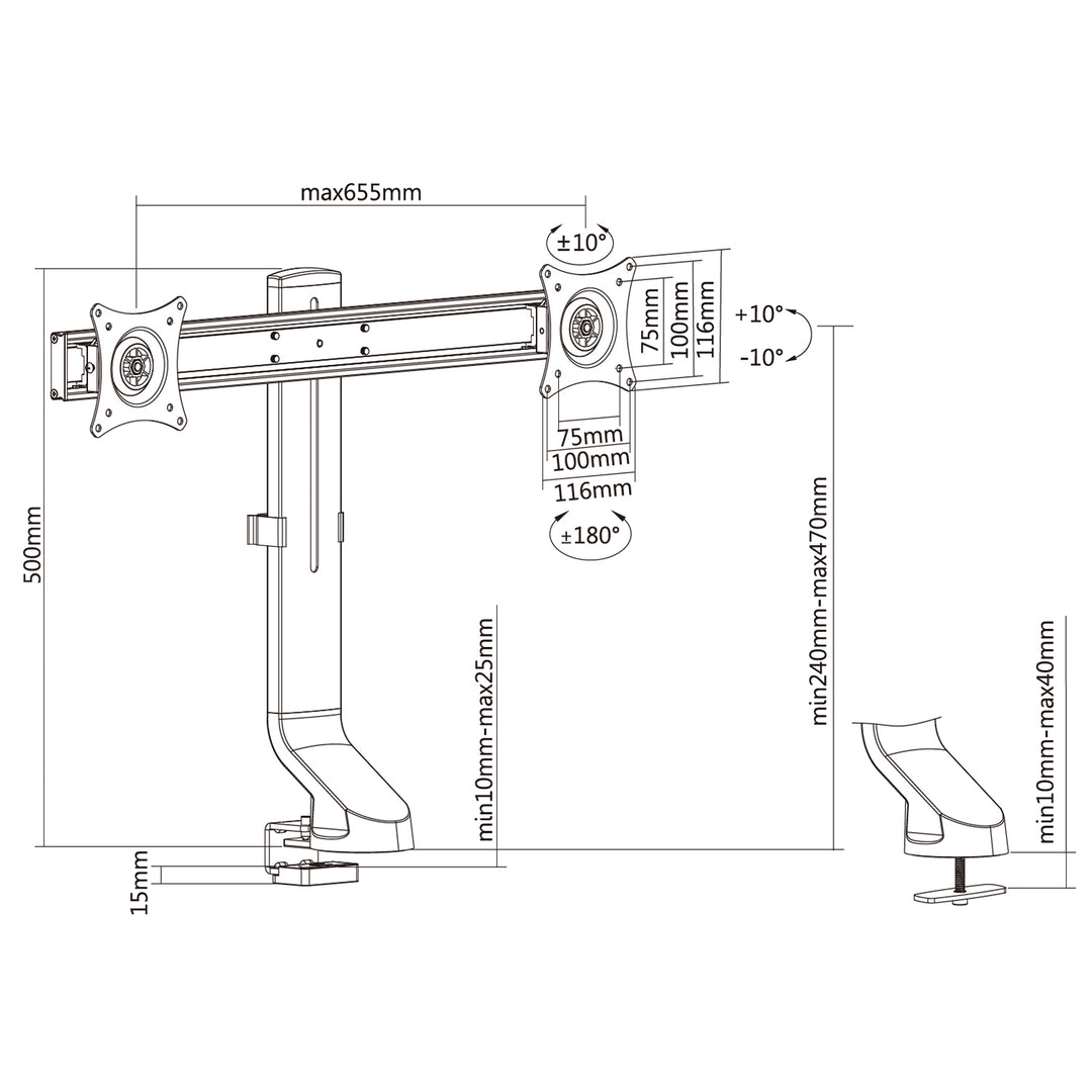 Držák pro dva monitory / dvojitý 17 "-27" 14 kg Maclean MC-854 VESA 75x75 100x100 se hodí pro MC-848 a MC-849