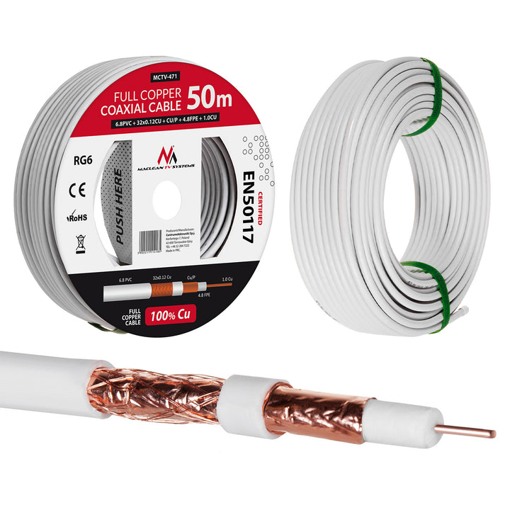 Koaxiální kabel RG6 50M Maclean MCTV-471 1,02CU + 4,8FPE + CU / P + 32 * 0,12CU + 6,8PVC