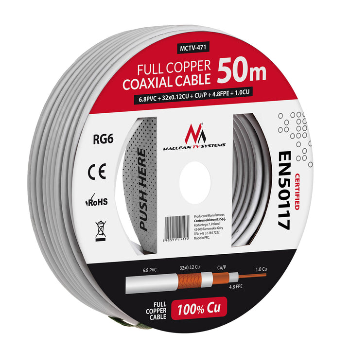 Koaxiální kabel RG6 50M Maclean MCTV-471 1,02CU + 4,8FPE + CU / P + 32 * 0,12CU + 6,8PVC