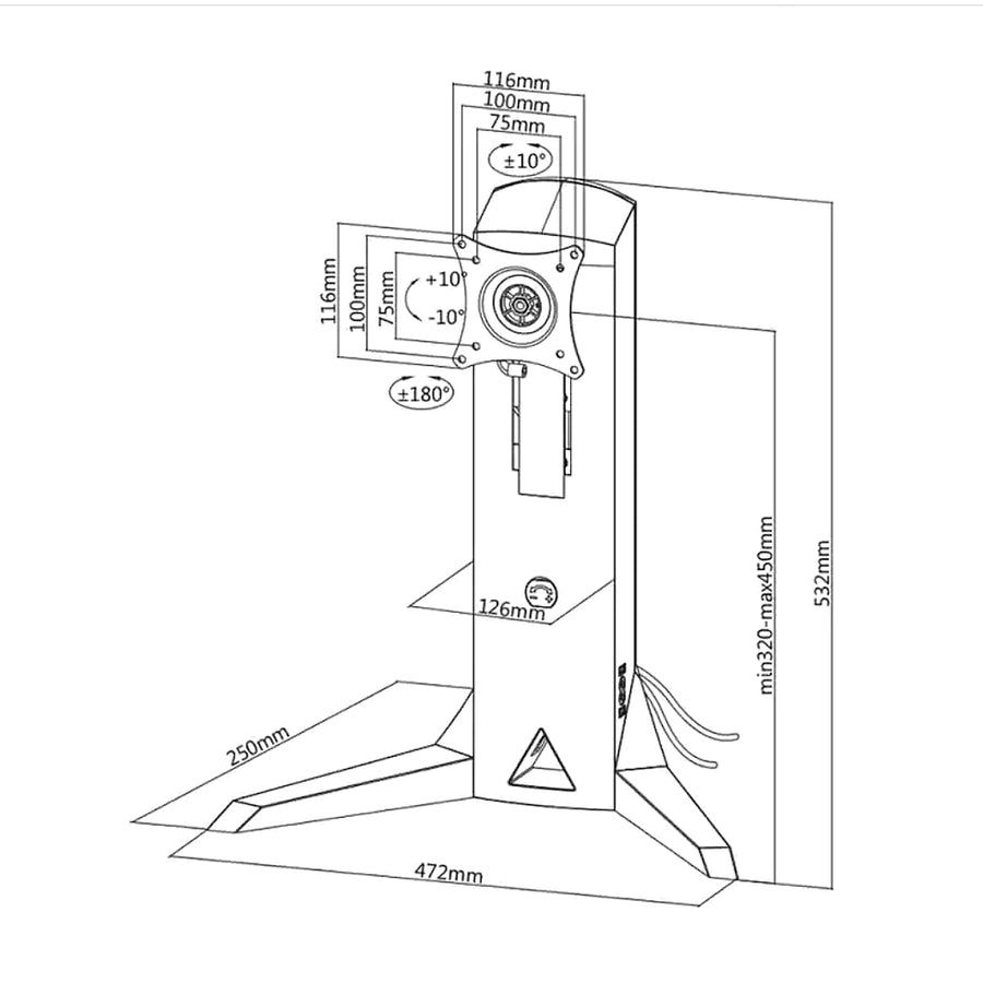 Stojan na monitor, volně stojící, protizávaží, hra NanoRS RS110 17-32 "8 kg VESA 75x75 a 100x100, 2xUSB 3.0, konektor pro sluchátka a mikrofon