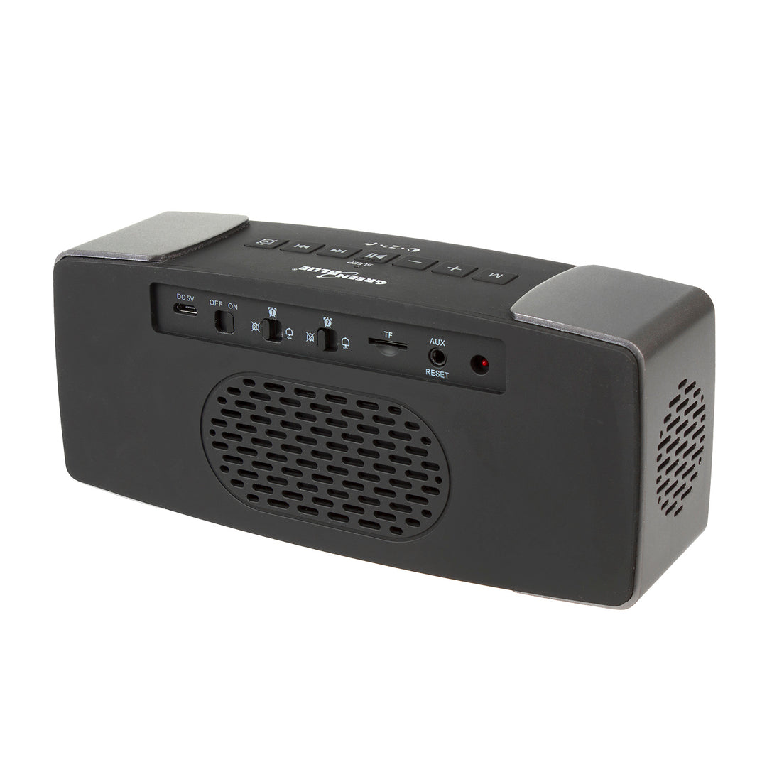 Radiobudík Bluetooth 4,2 hodiny rádio FM aux-in 6W teplota hodiny baterie 2200 mAh GreenBlue GB200