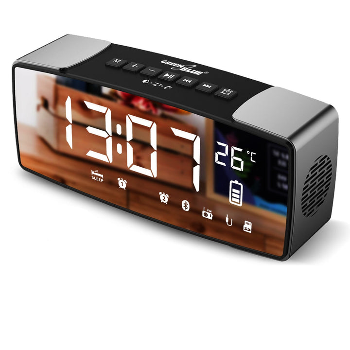 Radiobudík Bluetooth 4,2 hodiny rádio FM aux-in 6W teplota hodiny baterie 2200 mAh GreenBlue GB200