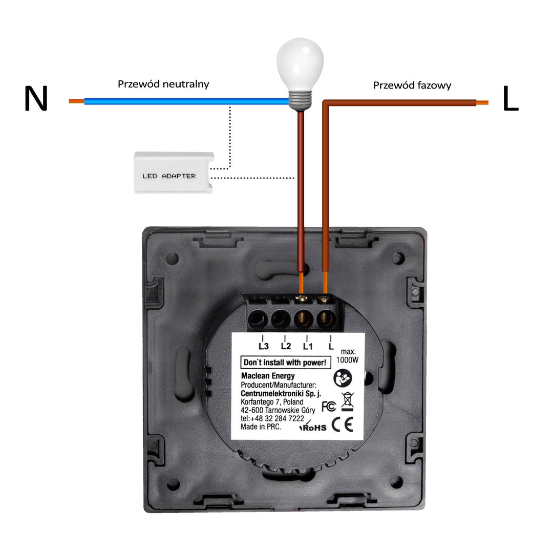 Dotykový spínač světla, jednoduchý, skleněný, bílý se čtvercovým tlačítkem Maclean Energy MCE701W, rozměry 86x86mm, s osvětlením tlačítka