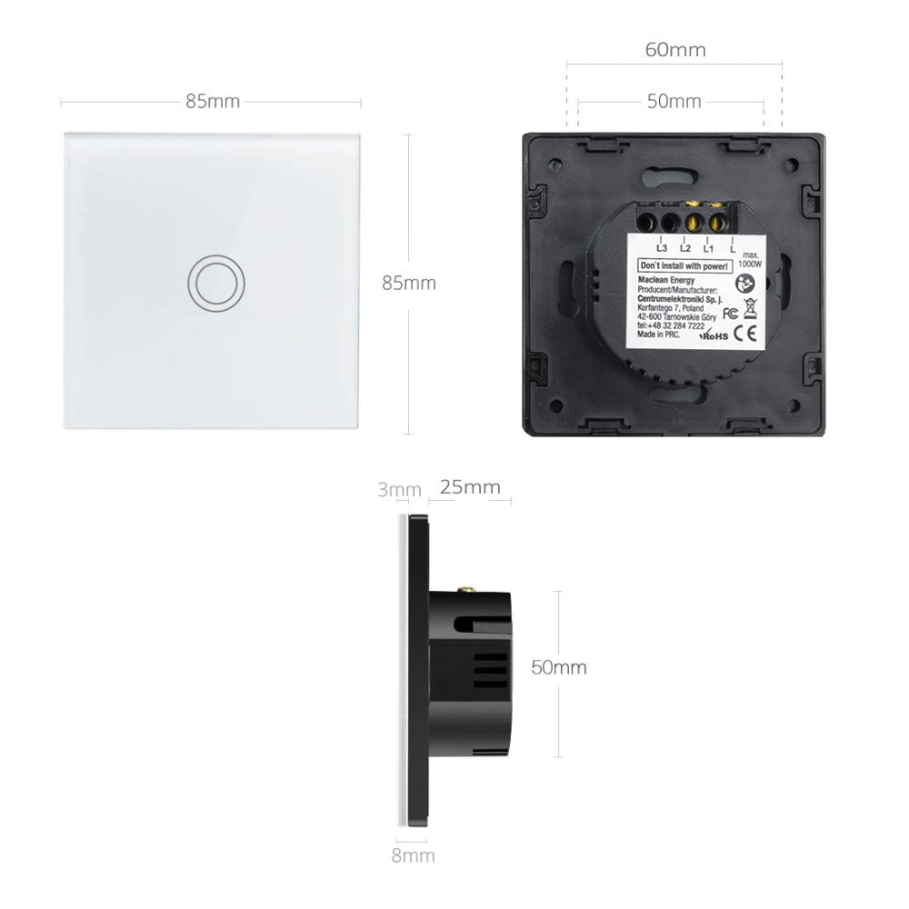 Dotykový spínač světla, jednoduchý, sklo, bílý s kulatým tlačítkem Maclean Energy MCE702W, rozměry 86x86mm, s podsvícením tlačítka