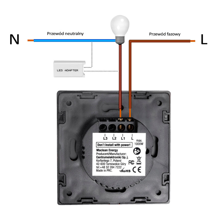 Dotykový spínač světla, jednoduchý, sklo, bílý s kulatým tlačítkem Maclean Energy MCE702W, rozměry 86x86mm, s podsvícením tlačítka