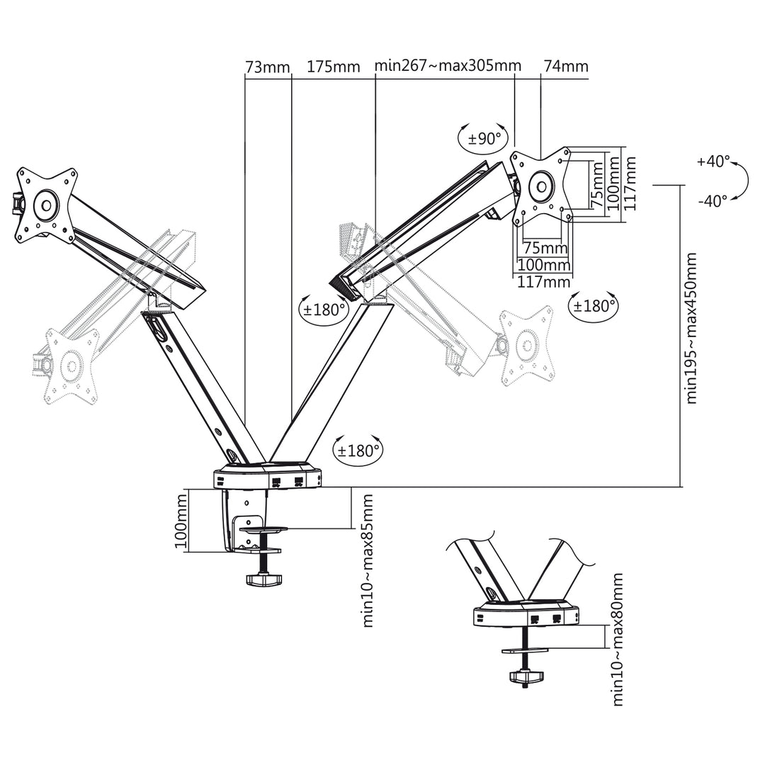 Herní držák pro 2 LCD monitory NanoRS RS887 17-32 "2x 8 kg (max. 16 kg) vesa 75x75 a 100x100