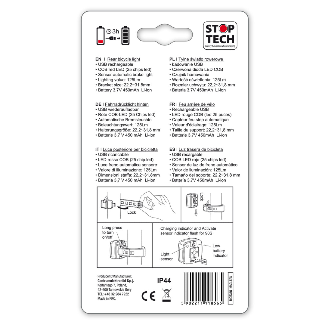 Zadní lampa na kolo USB AUTO STOP soumrakový senzor Maclean Energy MCE355 COB LED max. 125lm acu 450mAh