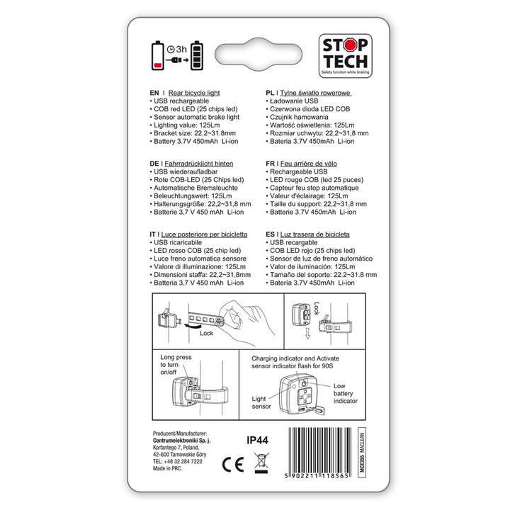 Zadní lampa na kolo USB AUTO STOP soumrakový senzor Maclean Energy MCE355 COB LED max. 125lm acu 450mAh