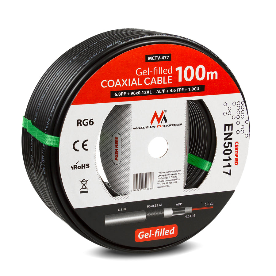 Kabel koaxiální gelový staelitní DVB-T RG6 100M Maclean MCTV-477 1,0CU + 4.6FPE + AL / P + 96 * 0,12AL + 6,8PE