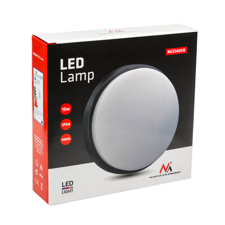 LED nástěnné a stropní svítidlo MCE342 GR 1100lm 15W IP54 Maclean Energy šedá, přírodní bílá (4000K)