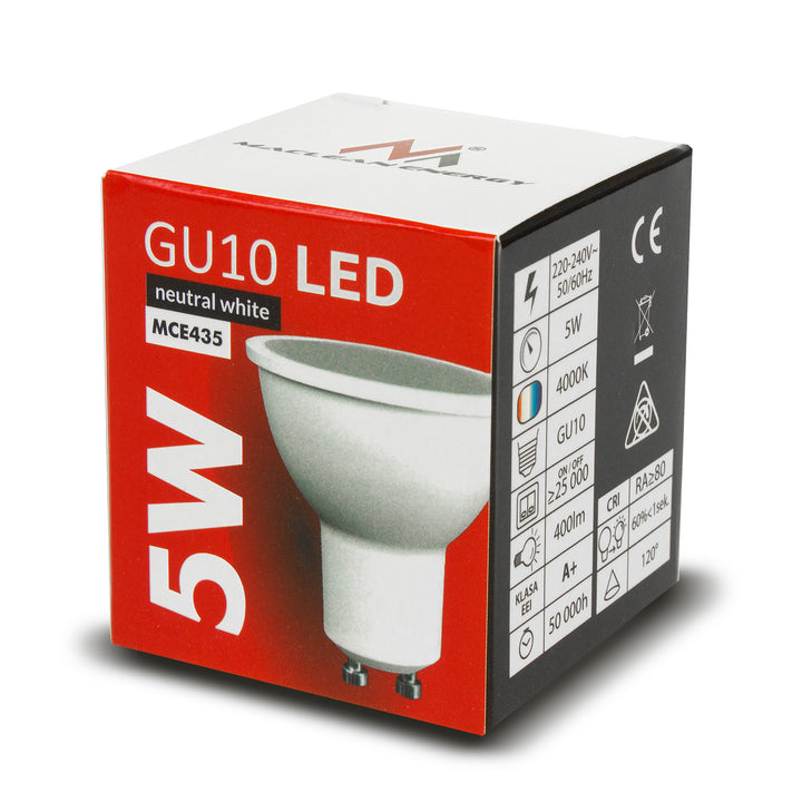 LED žárovka GU10 5W MCE435 WW, 3000K, 220-240V ~, 50 / 60Hz, 400 lumenů, barva teplá bílá