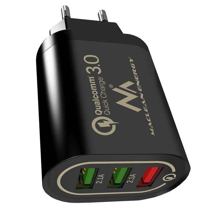 Univerzální nabíječka 3xUSB Maclean Energy MCE479 B - černá Qualcomm Quick Charge QC 3.0 - 3,6-6VV / 3A, 6-9V / 2A, 9-12V / 1,5A a 2 zásuvky 5V / 2,1A