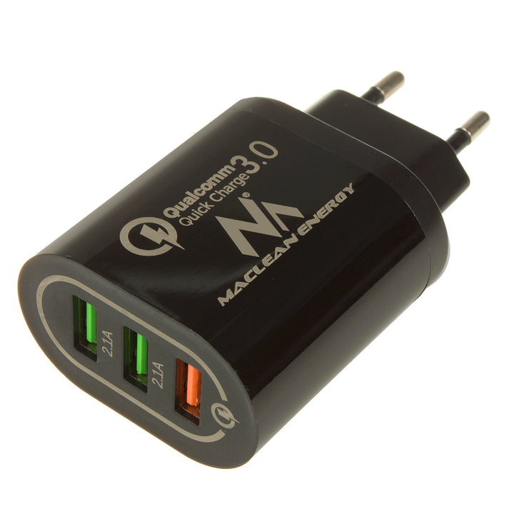 Univerzální nabíječka 3xUSB Maclean Energy MCE479 B - černá Qualcomm Quick Charge QC 3.0 - 3,6-6VV / 3A, 6-9V / 2A, 9-12V / 1,5A a 2 zásuvky 5V / 2,1A