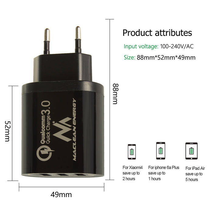 Univerzální nabíječka 3xUSB Maclean Energy MCE479 B - černá Qualcomm Quick Charge QC 3.0 - 3,6-6VV / 3A, 6-9V / 2A, 9-12V / 1,5A a 2 zásuvky 5V / 2,1A