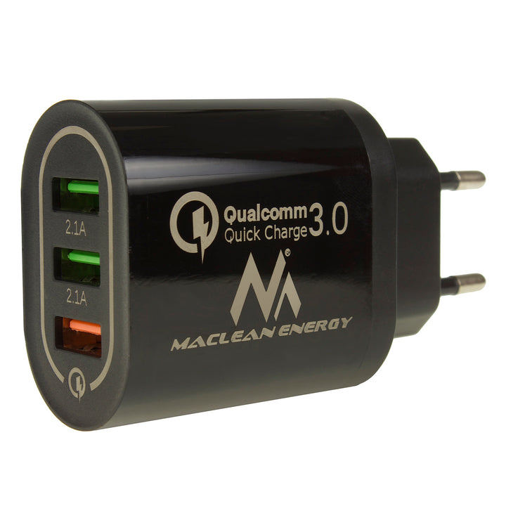 Univerzální nabíječka 3xUSB Maclean Energy MCE479 B - černá Qualcomm Quick Charge QC 3.0 - 3,6-6VV / 3A, 6-9V / 2A, 9-12V / 1,5A a 2 zásuvky 5V / 2,1A