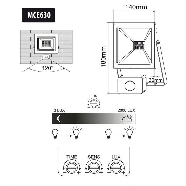 LED světlomet s pohybovým senzorem Maclean 30W 2400 lm studená bílá barva (6000 K) IP44 MCE630 CW PIR