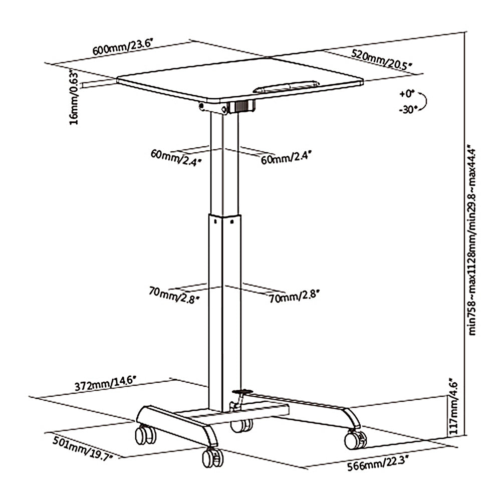 Maclean MC-892B Výškově nastavitelný stůl pro notebooky s kolečky Stůl s možností stání Výškově nastavitelný do max. 113 cm 30 stupňů Naklápěcí Černý