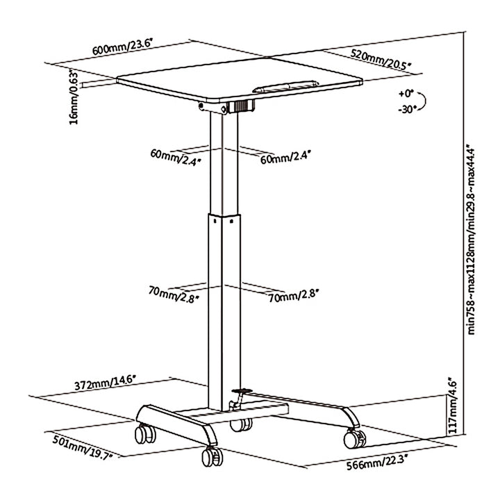 Maclean MC-892B Výškově nastavitelný stůl pro notebooky s kolečky Stůl s možností stání Výškově nastavitelný do max. 113 cm 30 stupňů Naklápěcí Černý