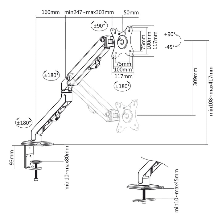 Maclean MC-906 1-komorový držák monitoru s plynovou pružinou 17-27'' stolní držák rameno monitoru otočné naklápěcí otočné VESA 75x75 100x100 do 7 kg