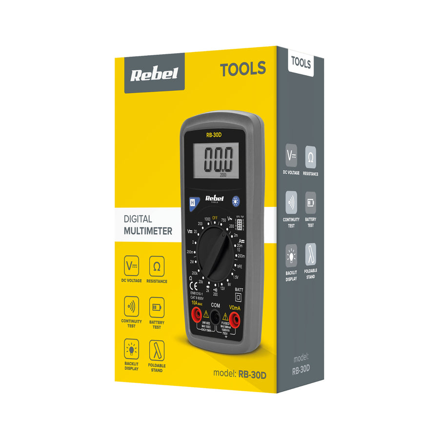 Univerzální měřič Rebel Tools RB-30D obsahuje testovací kabely