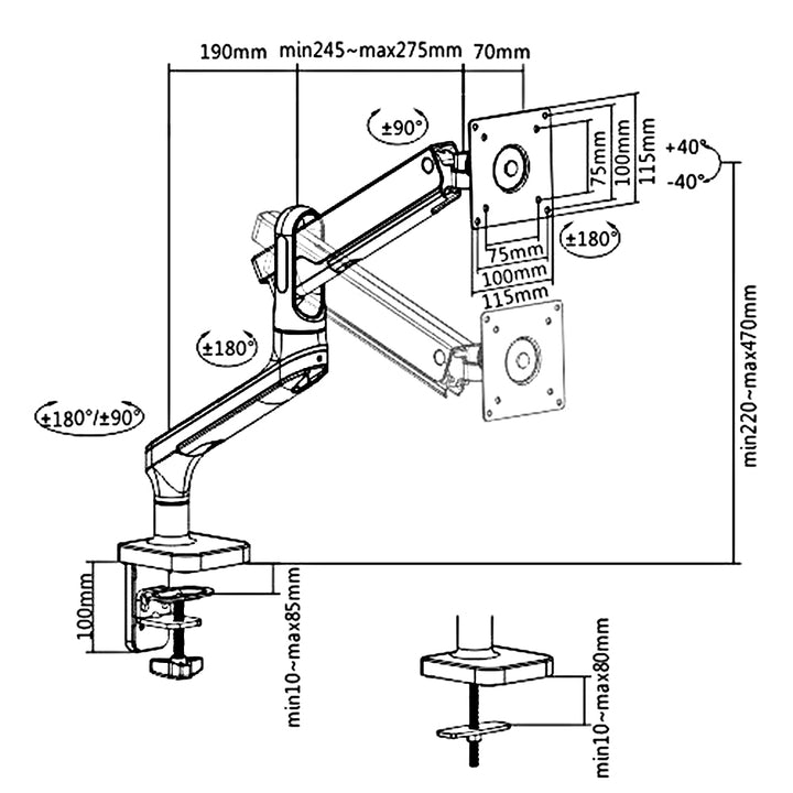 Držák monitoru s plynovou pružinou 17"-32" VESA 75x75 100x100 do 9 kg