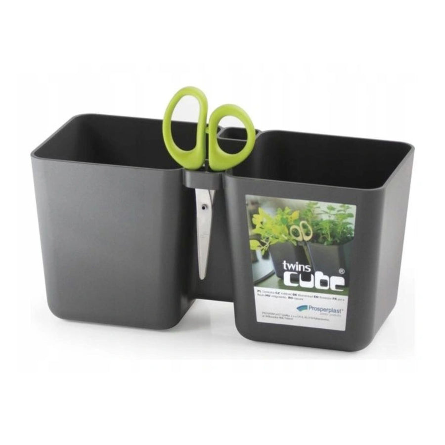 Květináč Twins Cube bílý s nůžkami na bylinky DTC245-426U - grafit
