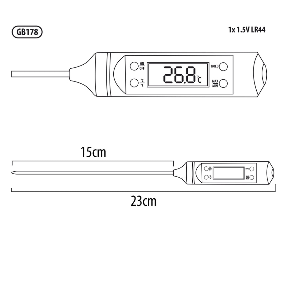 Teploměr/sonda na potraviny GreenBlue GB178, délka sondy 15 cm, teplotní rozsah -50 stupňů C až +300 stupňů C, přesnost 0,1 stupně C