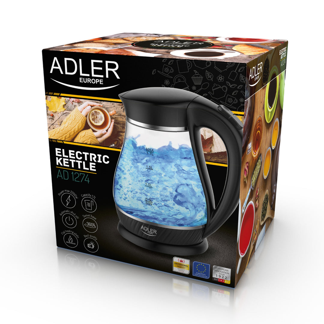 Skleněná konvice Adler AD 1274 černá kapacita 1,7 l, výkon 2200W