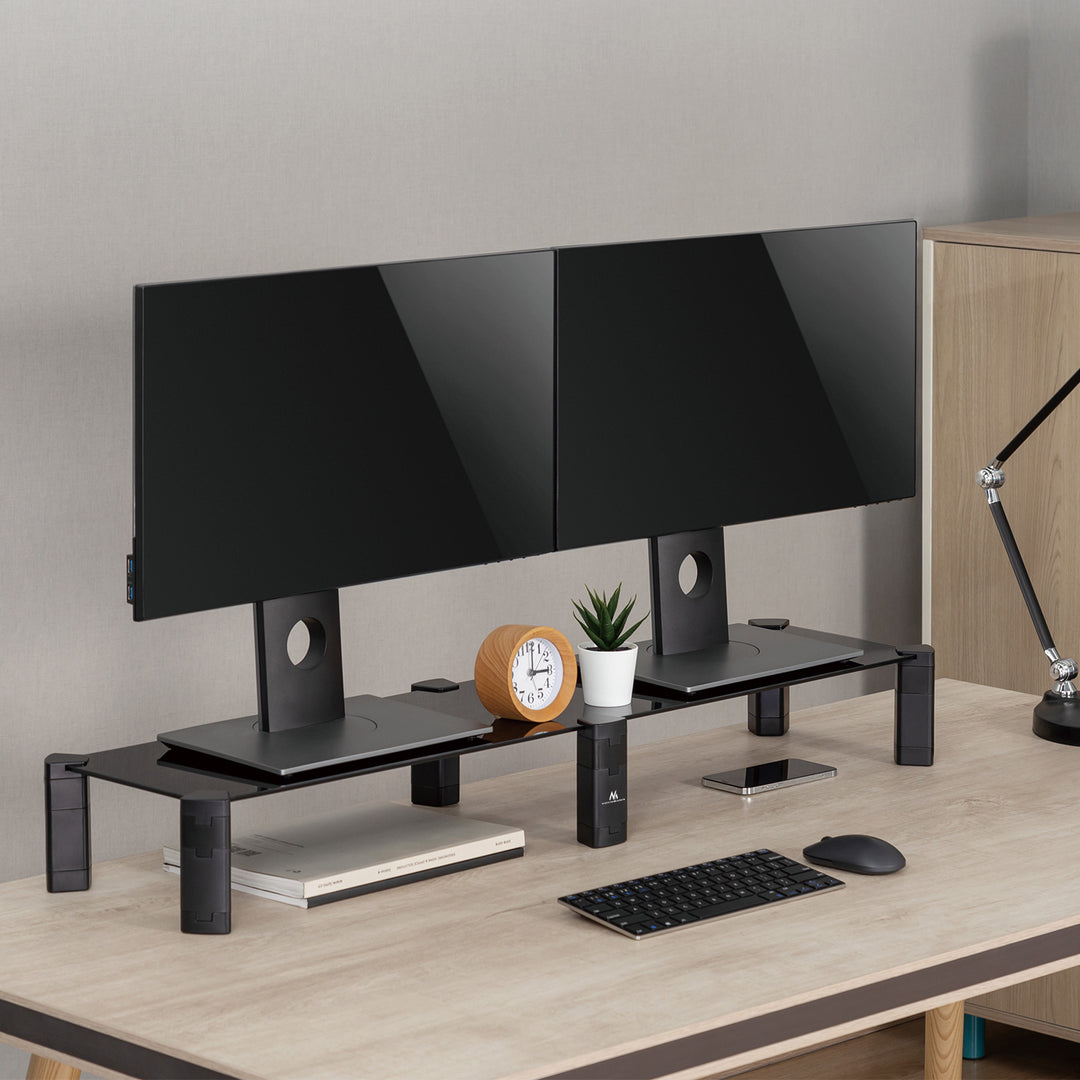 Stojan pro dva monitory - dvojitý Maclean, max. 20 kg, tvrzené sklo, (1029x285x127 mm), MC-936