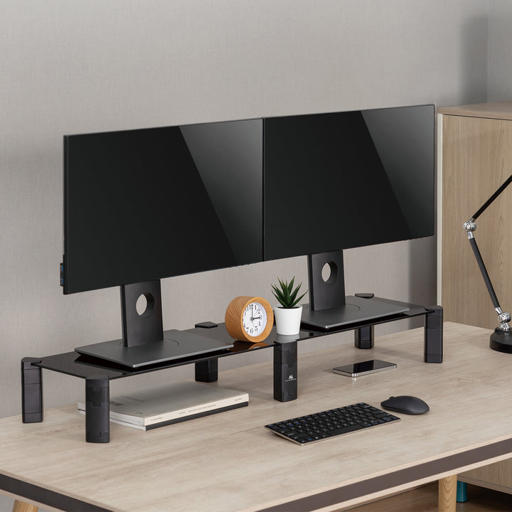 Stojan pro dva monitory - dvojitý Maclean, max. 20 kg, tvrzené sklo, (1029x285x127 mm), MC-936