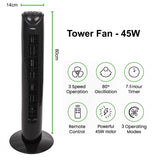 Sloupový ventilátor s dálkovým ovládáním, 3 režimy, 3 rychlosti, 80° oscilace, 45 W, časovač, výška 82 cm GB645