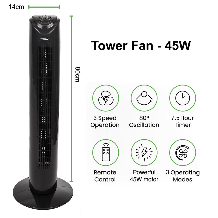 Sloupový ventilátor s dálkovým ovládáním, 3 režimy, 3 rychlosti, 80° oscilace, 45 W, časovač, výška 82 cm GB645