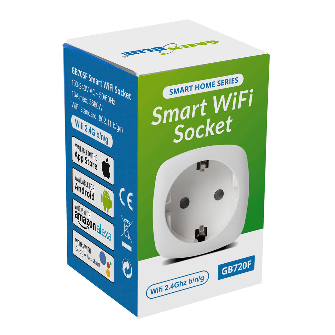 GreenBlue WiFi Dálkově ovládaná zásuvka, Android/iOS/Alexa/Google Home, energeticky úsporná. Energetický, časový, max. 3680W, typ F, GB720 F