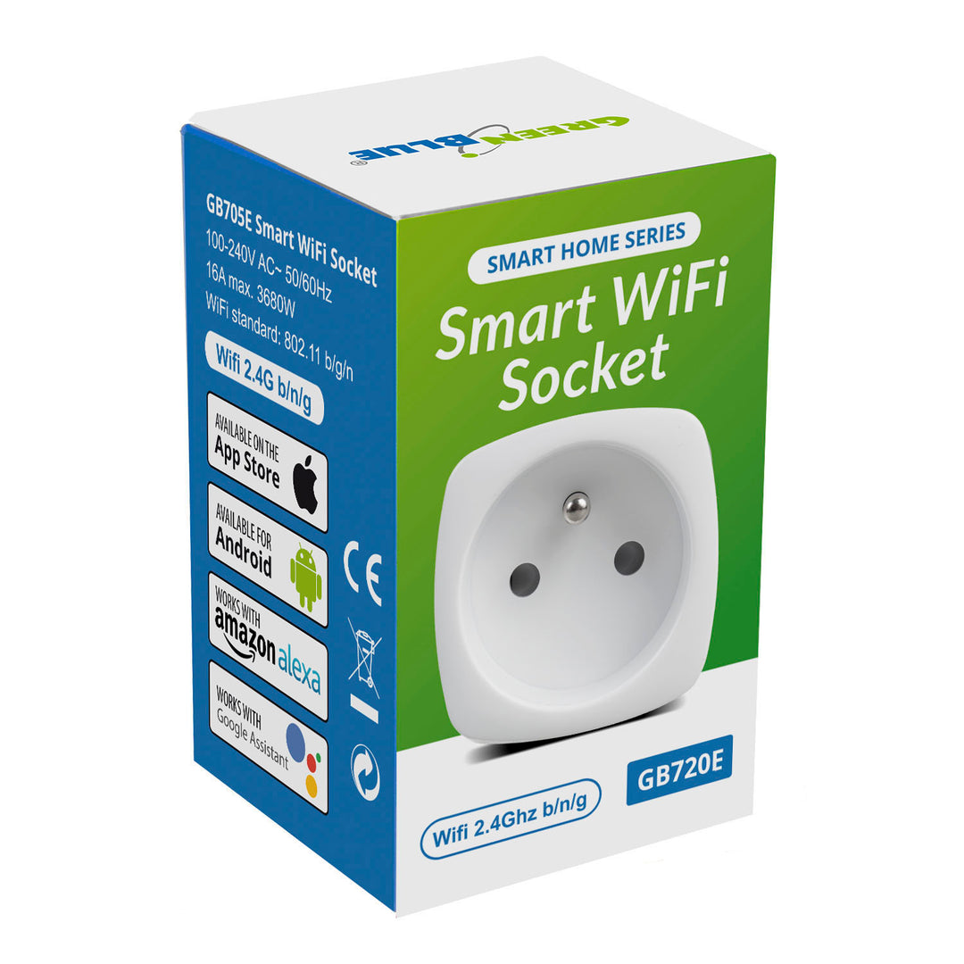 GreenBlue WiFi dálkově ovládaná zásuvka, Android/iOS/Alexa/Google Home, spotřeba energie, časovač, max. Energetický, časovač, max. 3680W, typ E, GB720 E