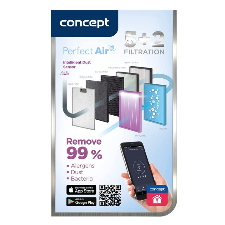 CONCEPT Čistička vzduchu Perfect Air SMART CA2000 320 m3/h 7stupňová filtrace Prachový filtr HEPA-13 Ionizátor Uhlíkový filtr 99,9 % Mobilní aplikace, černá