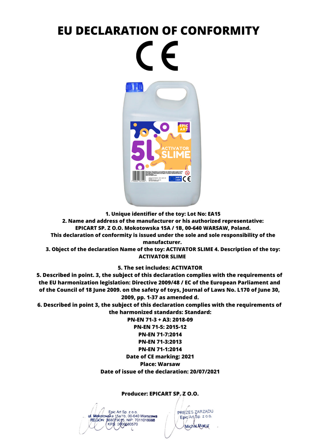 Tekutý aktivátor, 5 l pro sliz Slime 5000 ml - Epic Art