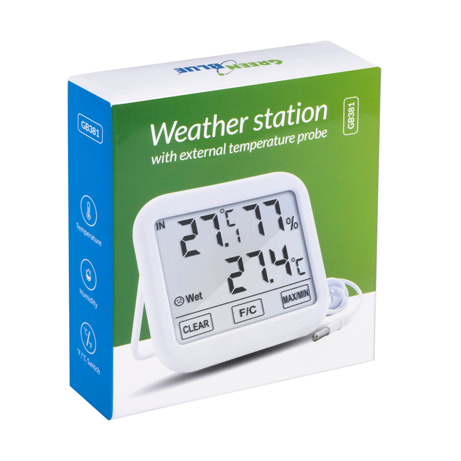 Meteostanice s venkovní sondou, délka kabelu 1,5 m, baterie 2xAA, GreenBlue  GB381