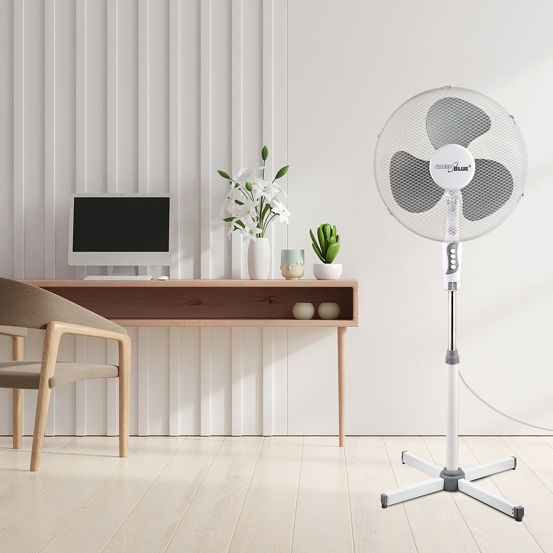 GreenBlue GB560 Podstavný podlahový ventilátor 16'' 40W oscilační 3 rychlosti nastavitelná výška 1,20m 1,5m kabel UK zástrčka