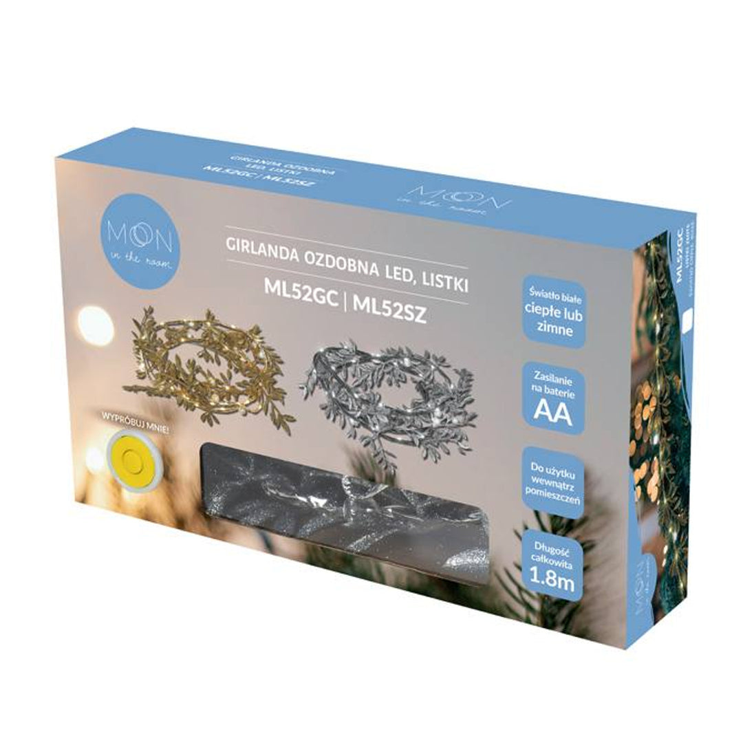 LED dekorativní girlanda ML52SZ 1,8 m stříbrné listy studené bílé světlo napájení 3x AA