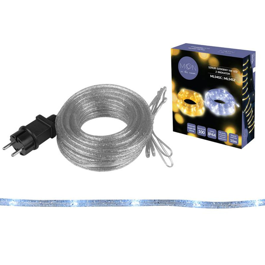 Dekorační šňůra ML54SZ 100 LED 10 m s třpytkami stříbrná studená bílá IP44