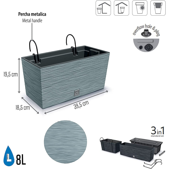 Prosperplast 2v1 Květinový truhlík s vnitřním truhlíkem Balkonový truhlík s kovovým držákem Ripple Optics Plastový obdélníkový 39,5 cm x 18,5 cm x 19,5 cm (šedý)