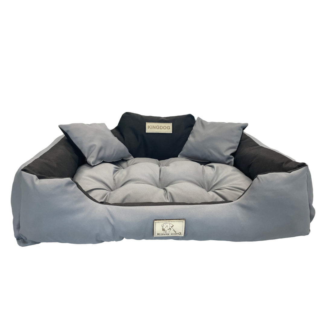 KingDog Pelíšek pro psy a kočky se dvěma polštáři Košík pro psy omyvatelný voděodolný PVC materiál (XXL 130 x 105 cm, tmavě šedý)