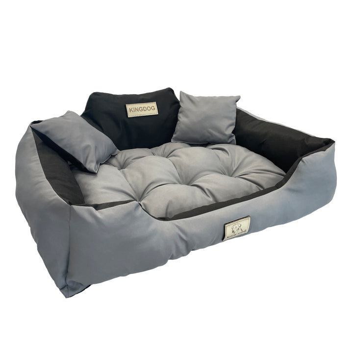 KingDog Pelíšek pro psy a kočky se dvěma polštáři Košík pro psy omyvatelný voděodolný PVC materiál (XXL 130 x 105 cm, tmavě šedý)