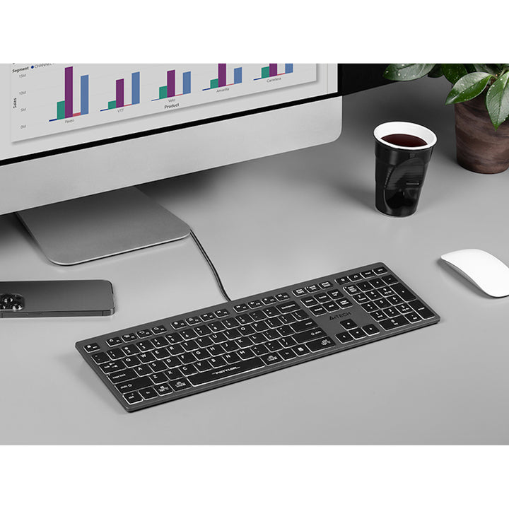 A4tech FX60H QWERTY herní klávesnice 12 multimediálních navigačních kláves 2× USB port Plug & Play USB port Drátový kabel o délce 1,5 m (bílé podsvícení)